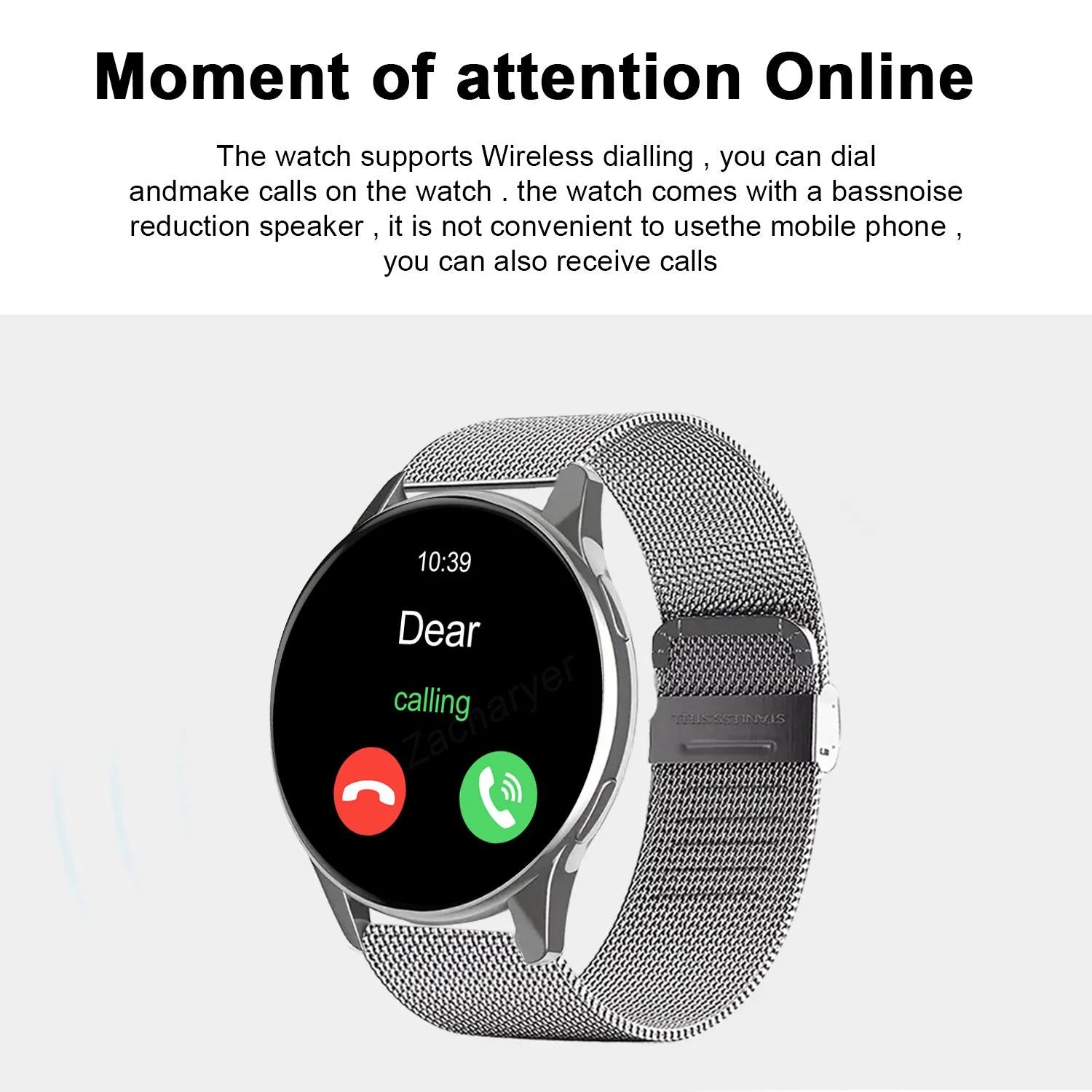 Smartwatch with a silver mesh strap and circular touchscreen displaying an incoming call screen.