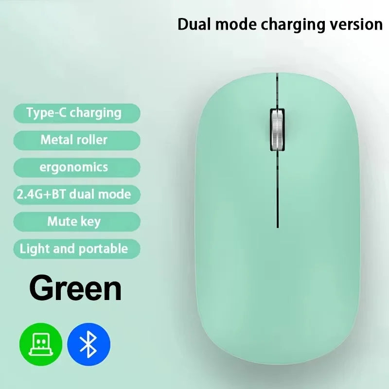 Mint green wireless, ergonomic silent mouse with a metal scroll wheel and dual-mode connectivity.