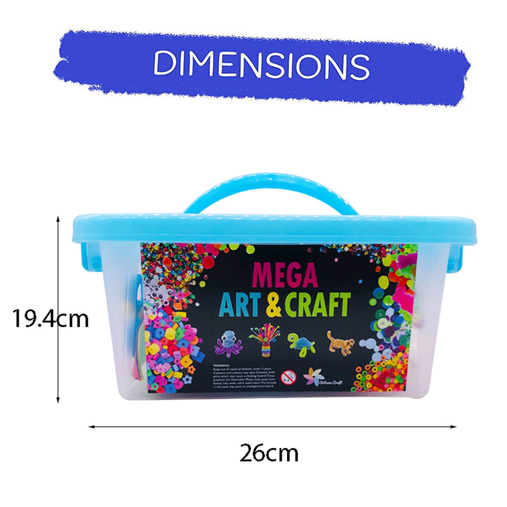 Mega Art & Craft storage box, blue lid with handle, 26cm wide x 19.4cm high. Filled with colourful craft supplies.