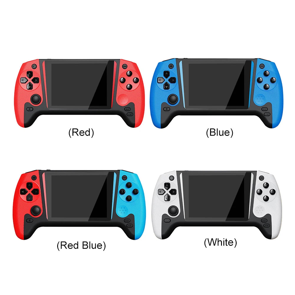 Four retro handheld game consoles in red, blue, red-blue, and white, with 3.5-inch screens and dual grip handles.