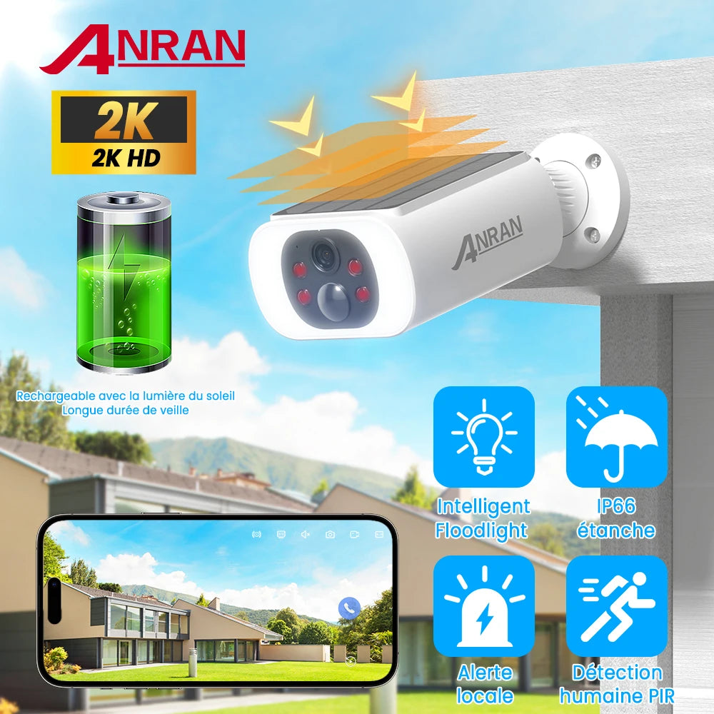 Anran white outdoor solar security camera with a battery, phone display, and feature icons.