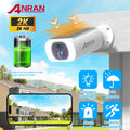 Anran white outdoor solar security camera with a battery, phone display, and feature icons.