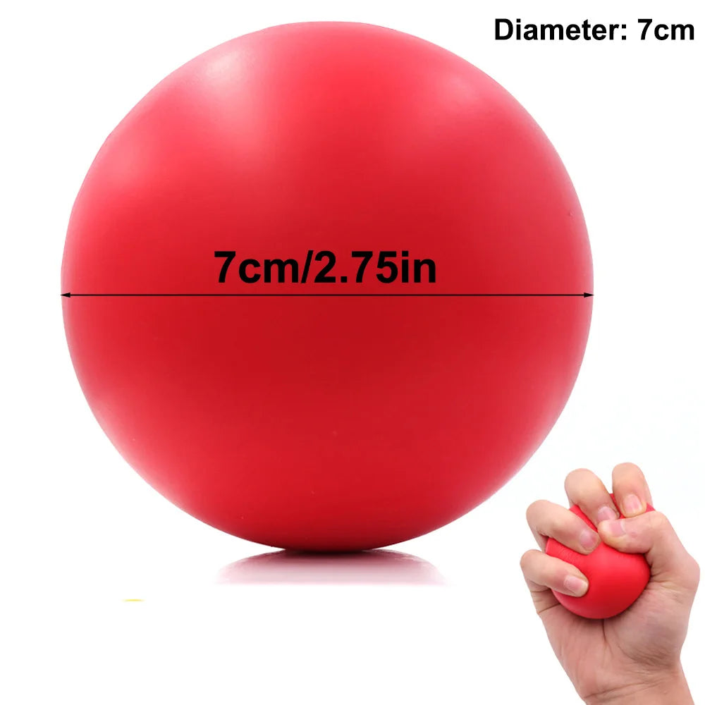 A smooth, bright red stress ball with a 7cm diameter, shown being squeezed by a hand against a white background.