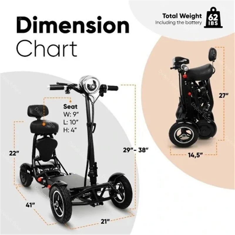 Black 4-wheel electric mobility scooter with dual seats, handlebars, headlight, and dimension measurement overlays.
