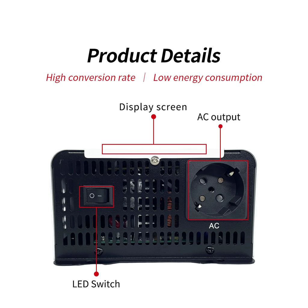 Black 2000W power inverter showing display screen, AC output socket, and LED power switch.