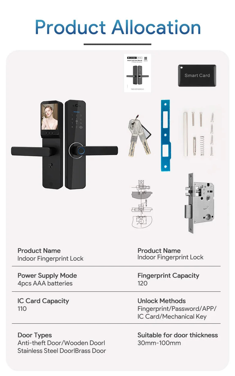 Black smart door lock with integrated camera, fingerprint scanner, keypad, and included installation components.