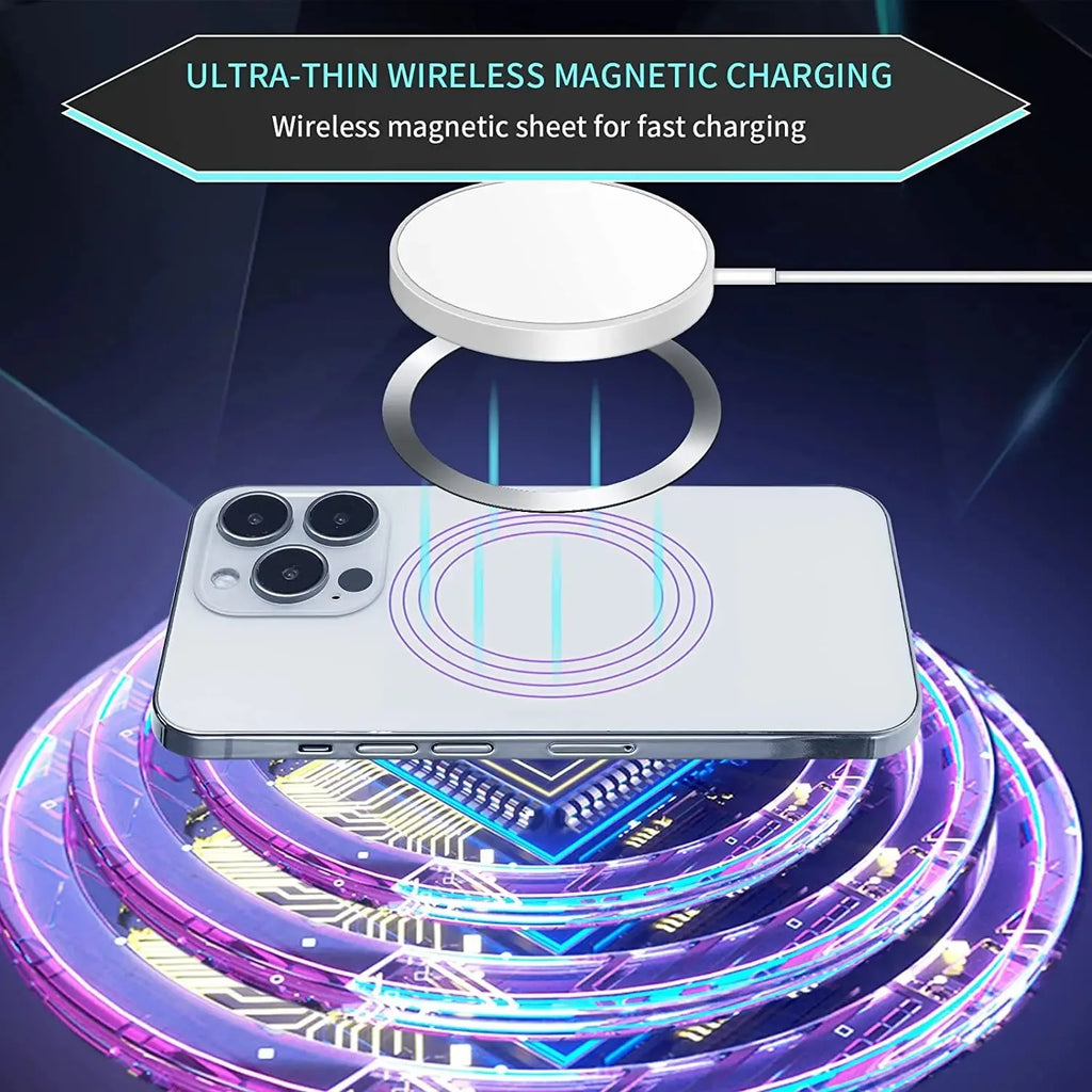 White ultra-thin magnetic wireless charger with a metal ring, positioned above a smartphone on a neon tech background.