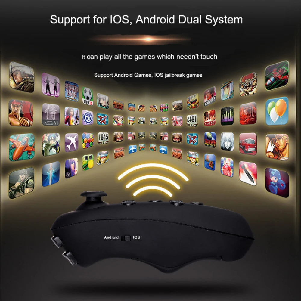 Black handheld VR remote controller with a mode switch, showing a holographic display of various smartphone games.