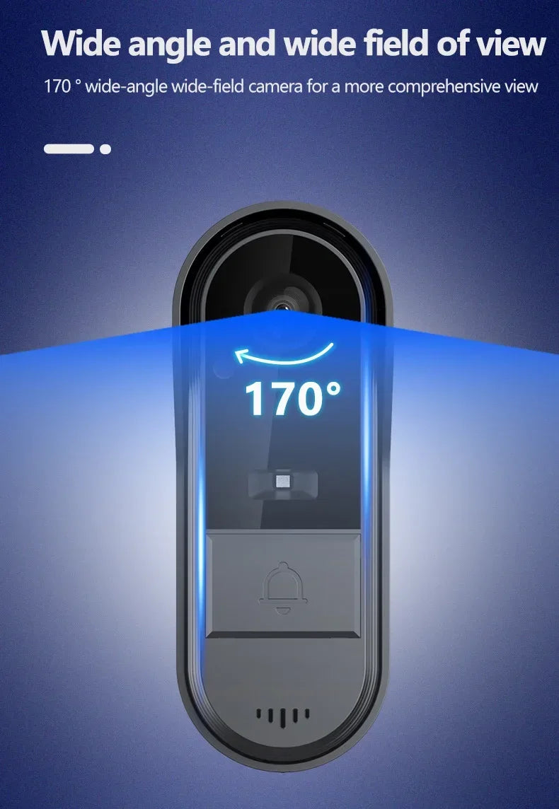 Sleek grey wireless video doorbell featuring a 170-degree wide-angle camera lens.
