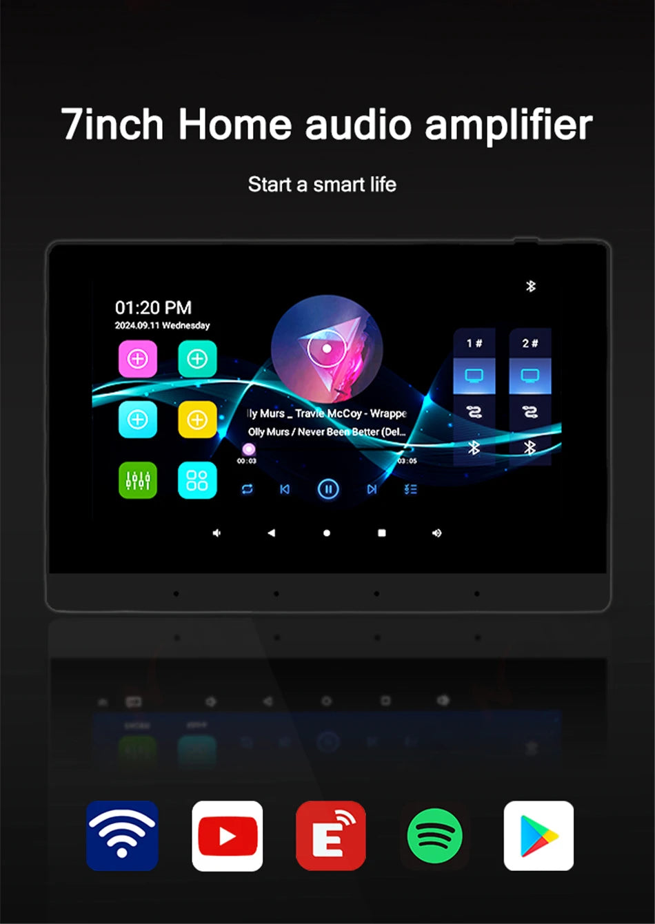 7-inch black in-wall smart audio amplifier with a vibrant touch screen interface, Bluetooth, and app support icons.