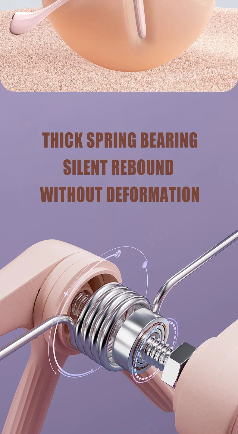 Close-up of a pastel pink arm trainer showing its durable metal spring mechanism and silent rebound technology.
