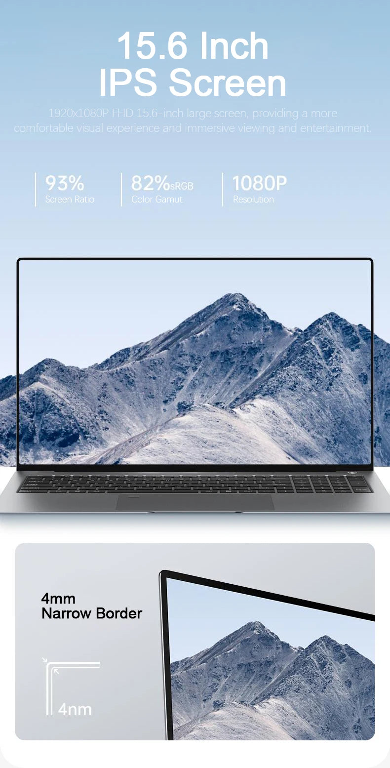 Silver 15.6-inch gaming laptop with a slim-bezel, high-resolution Full HD IPS display showing a mountain landscape.