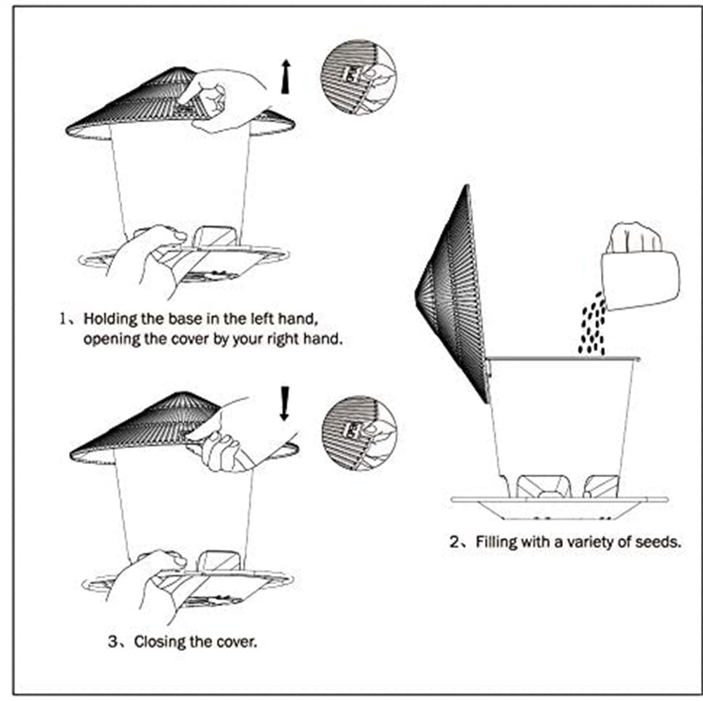 Instructional line drawing of a black and white cone-roofed bird feeder showing steps to open, fill, and close it.