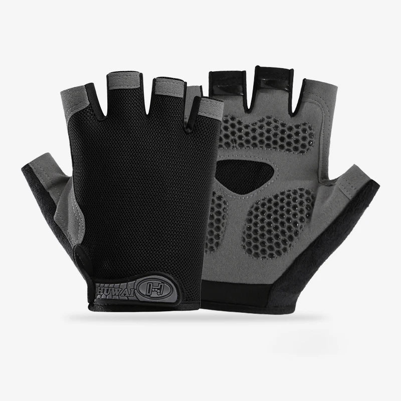 Black and grey fingerless sports gloves with a mesh back and textured, padded non-slip palms.