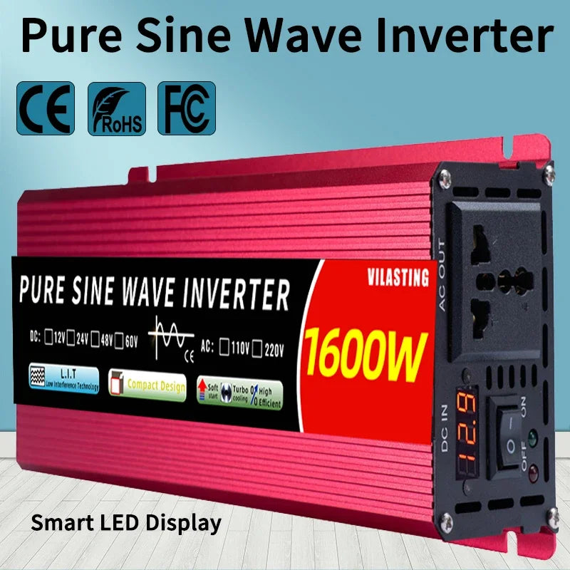 Red 1000W pure sine wave power inverter with a black front panel, AC outlet, and integrated digital LED display.