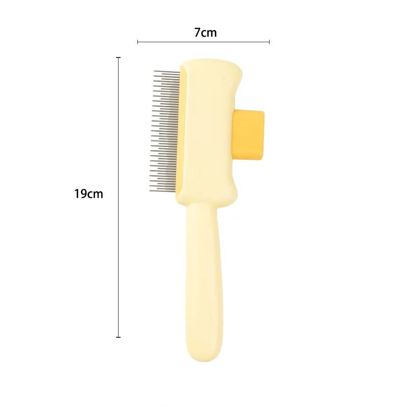 Cream-coloured pet grooming brush with fine metal bristles and a push-button mechanism, measuring 19cm by 7cm.