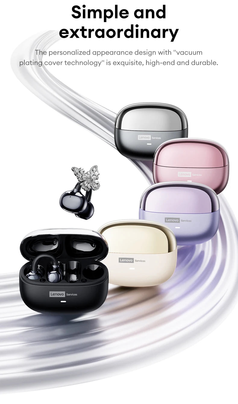 Wireless earbuds in various metallic-finish charging cases: black, white, purple, pink, and silver.