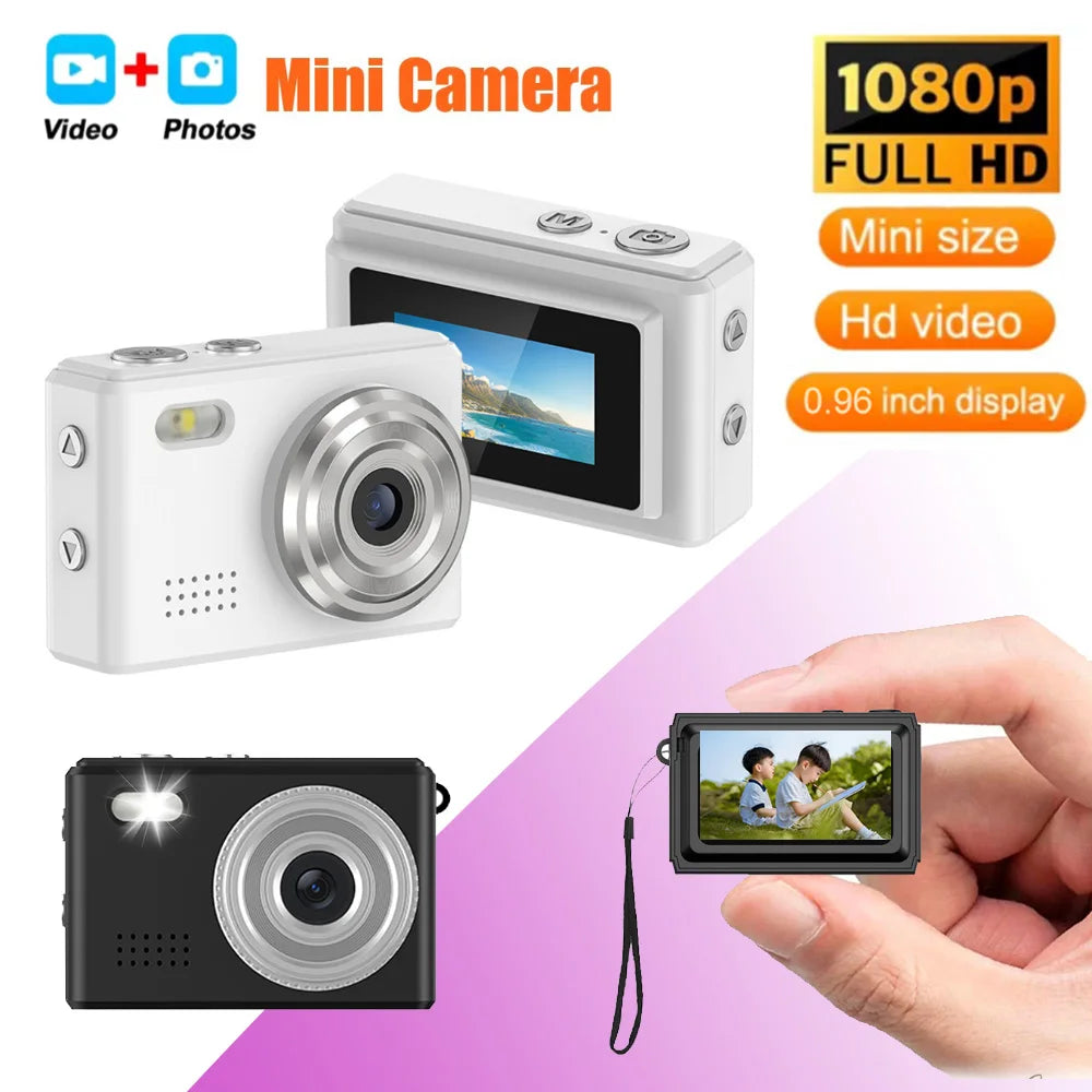 Small white and black plastic digital cameras with 1080p video, flash, and a 0.96-inch LCD screen held by a hand.