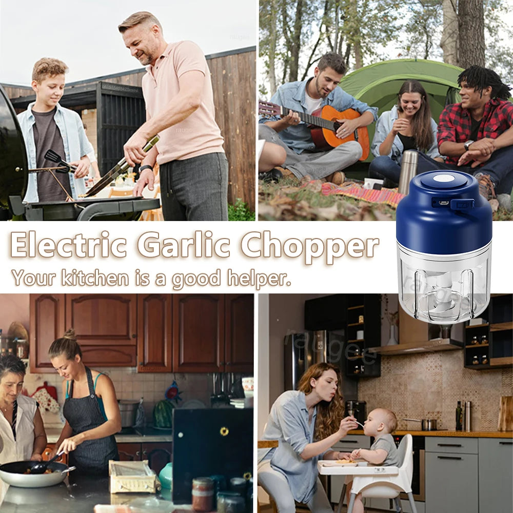 Small blue and clear portable electric food chopper with sharp blades, surrounded by various lifestyle kitchen scenes.
