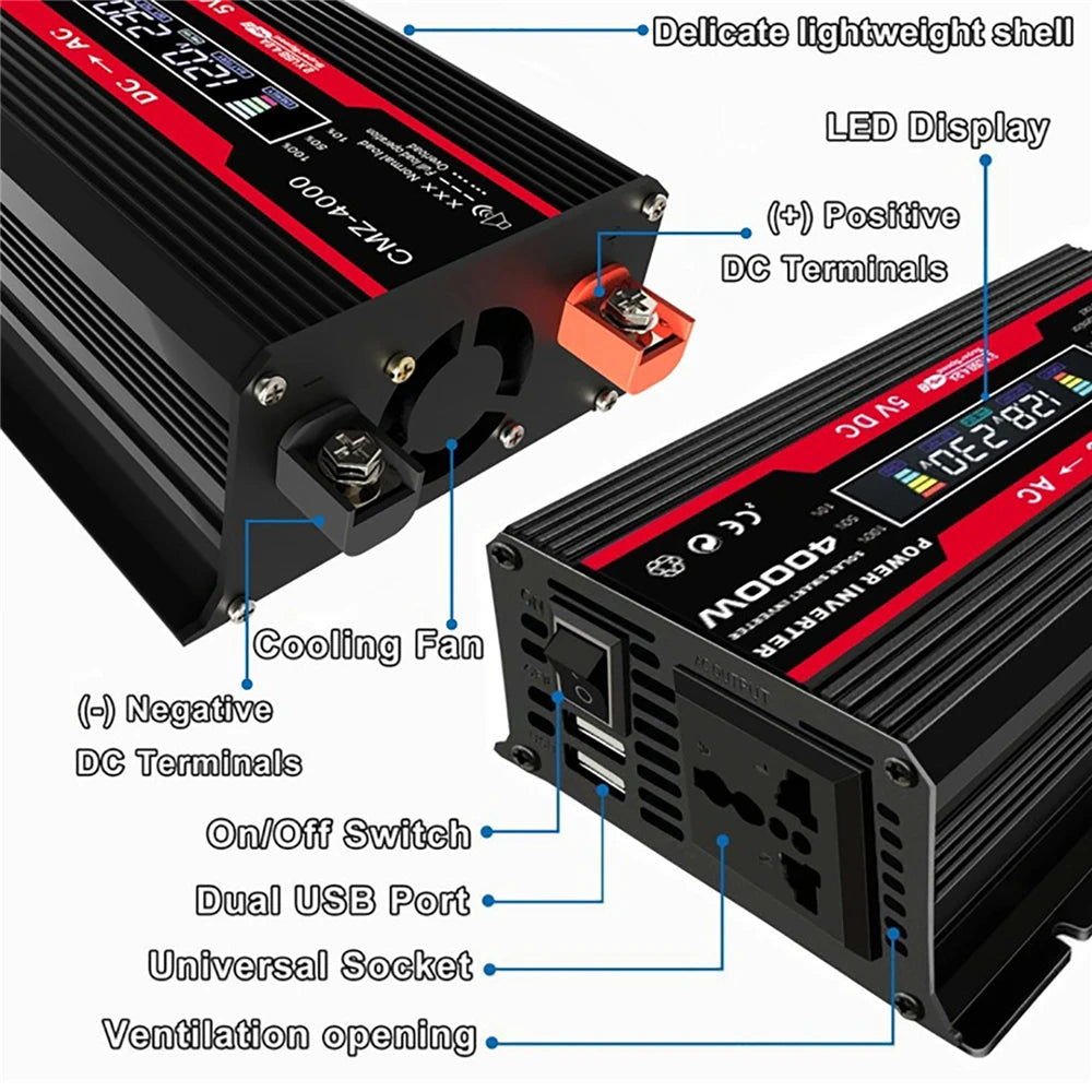 Black and red 4000W power inverter with LCD display, cooling fan, dual USB ports, and universal socket.