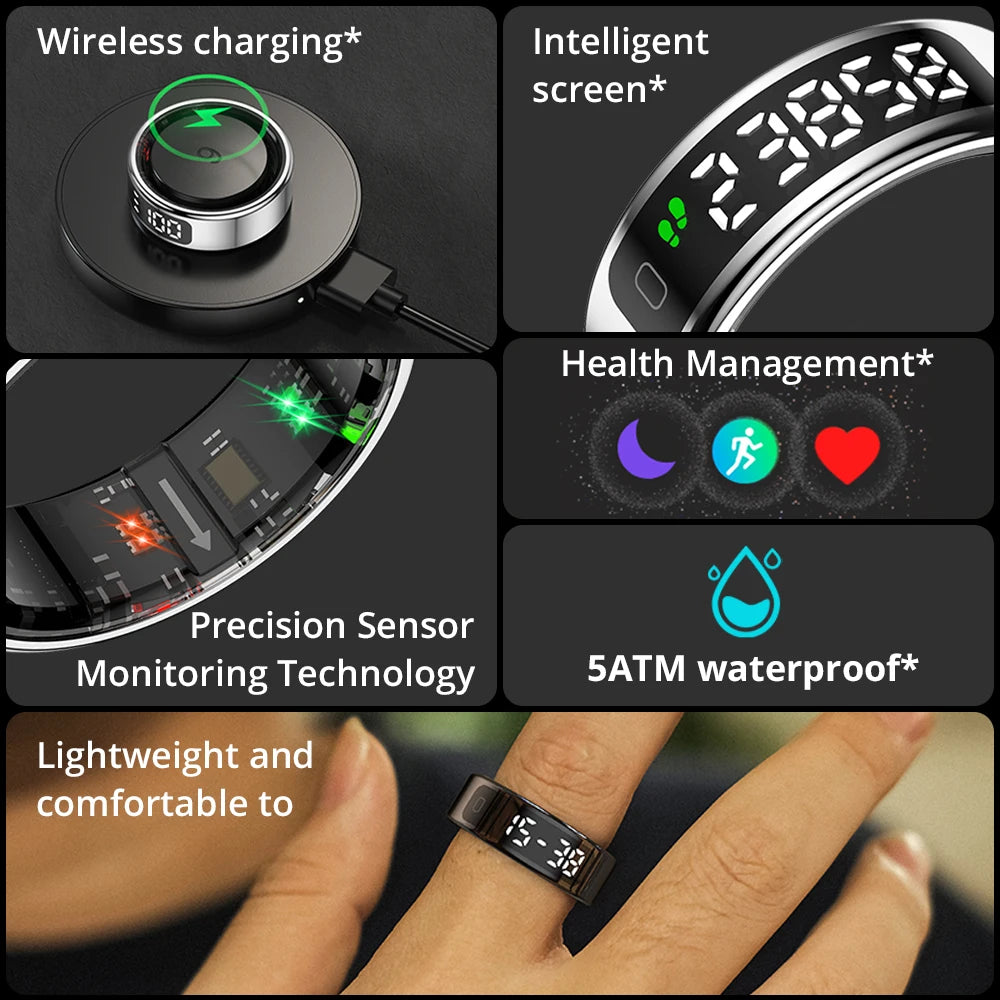 Sleek black smart ring with digital display, fitness tracking sensors, wireless charging, and waterproof design.