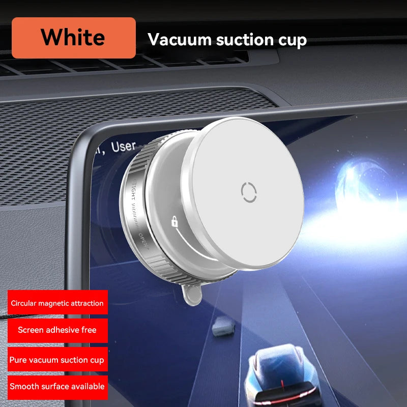 White, circular, magnetic vacuum suction cup phone mount attached to a car dashboard screen.
