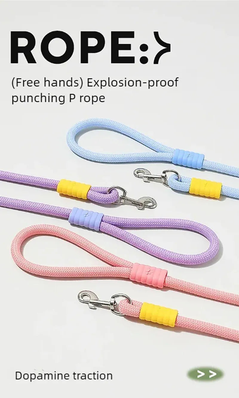Three colourful dog leashes in pastel blue, lilac, and pink, featuring durable rope cord and contrasting sliders.