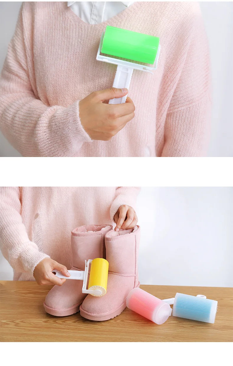 Reusable, washable sticky lint rollers in bright colours, shown cleaning fabric and suede-style boots.