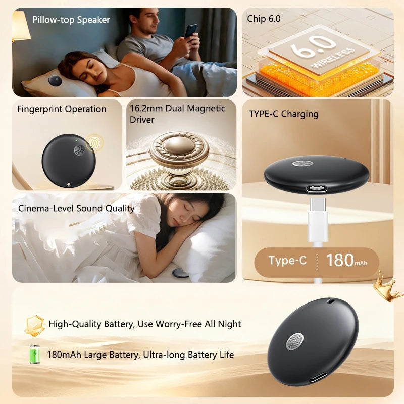 Black portable, slim Bluetooth speaker with touch control, Type-C charging, and long-lasting battery for sleep.
