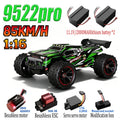 SCY9522PRO 1:16 green and black RC drift truck with oversized off-road tires, batteries, and electronic components.