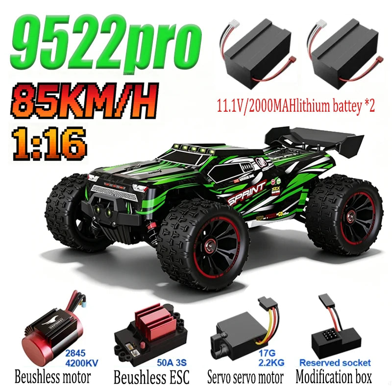 SCY9522PRO 1:16 green and black RC drift truck with oversized off-road tires, batteries, and electronic components.