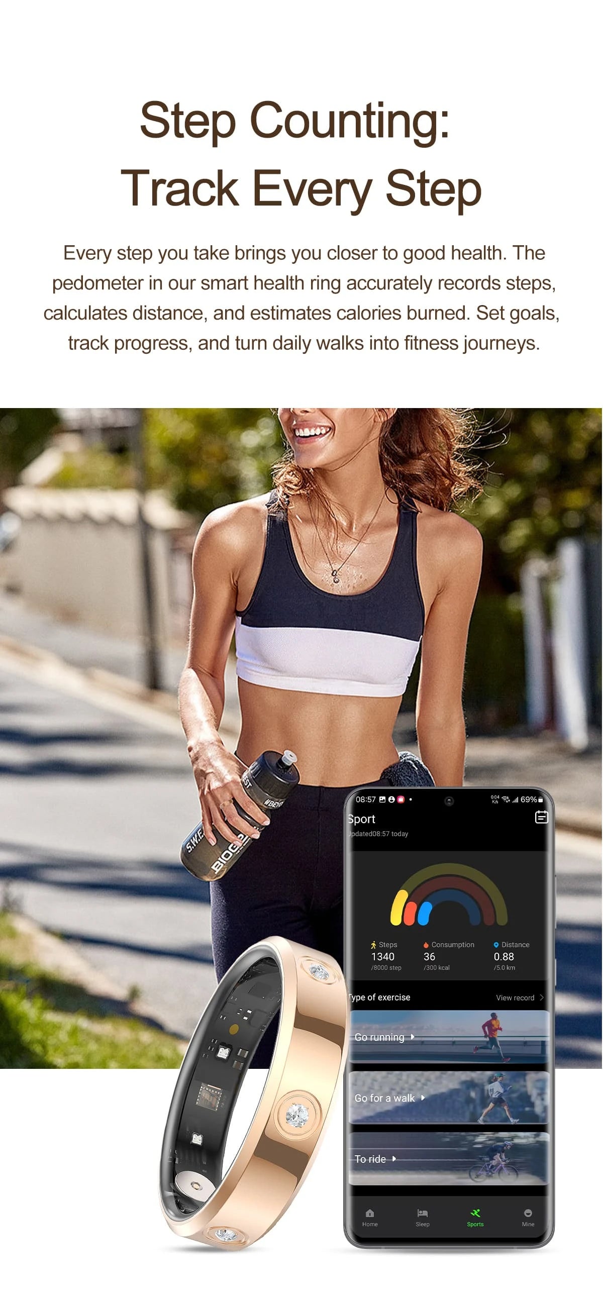Slim rose gold smart fitness ring with crystal accents, shown next to a smartphone app tracking steps and exercise.
