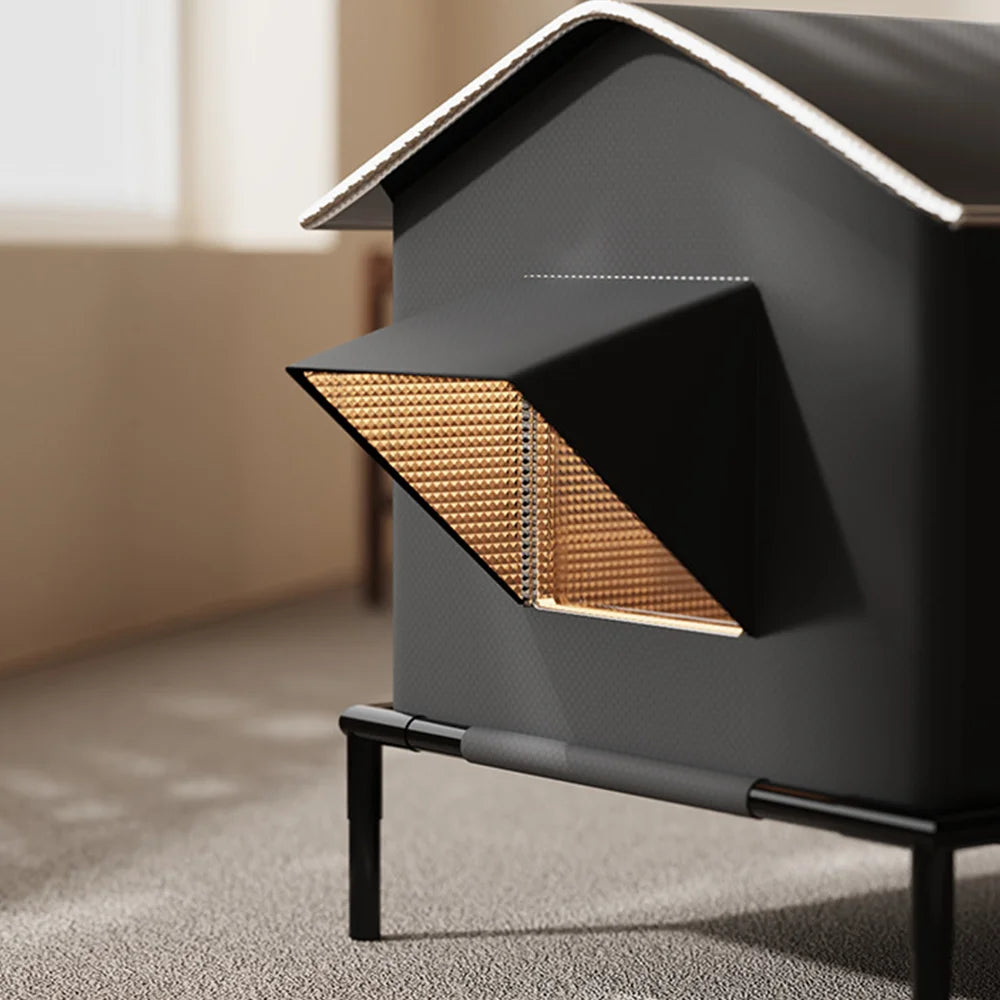 Grey waterproof outdoor cat shelter on raised black legs, featuring an insulated peaked roof and protective door awning.