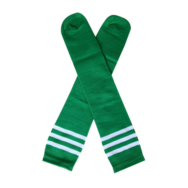 Pair of green knee-high socks featuring three horizontal white stripes at the cuffs.