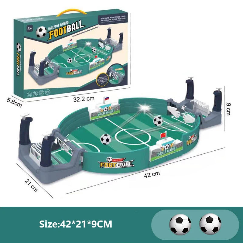 Green tabletop football game for two players with control levers, goals, and two miniature footballs.