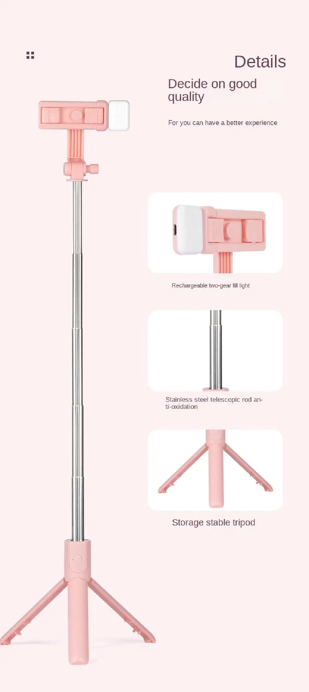 Pink telescopic phone tripod stand with a rechargeable LED fill light, stainless steel rod, and stable base.