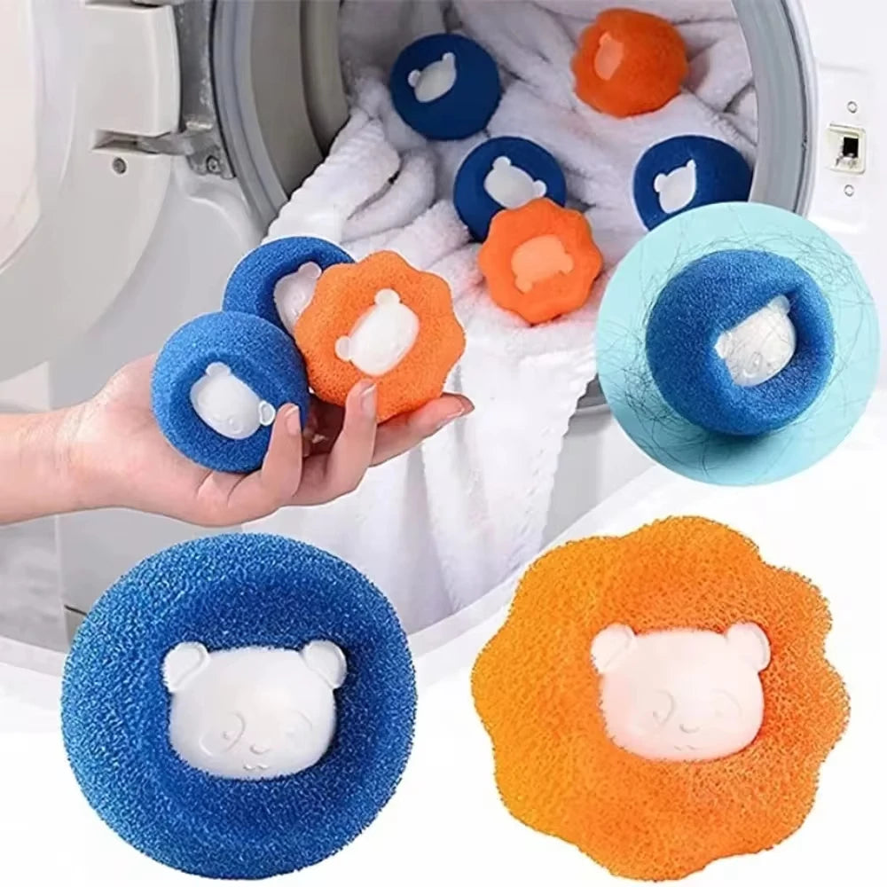 Blue and orange laundry pet hair remover balls featuring cute white bear centres, shown in use in a washing machine.