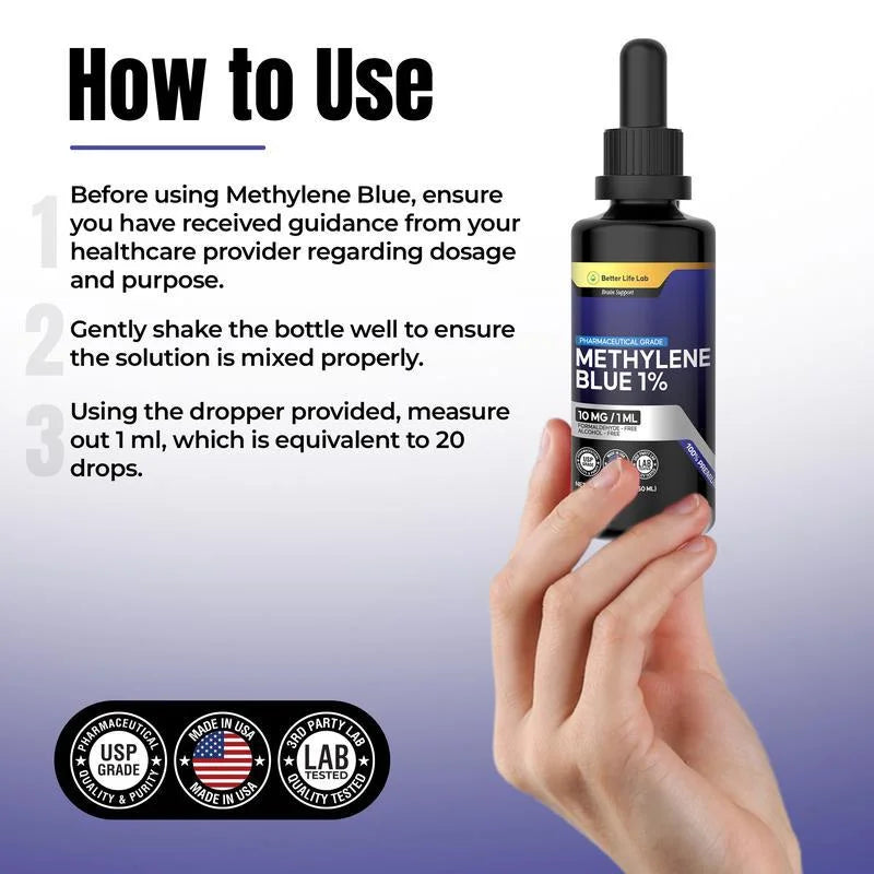 Hand holding a black dropper bottle of 1% Methylene Blue, with instructional text on how to use the supplement.