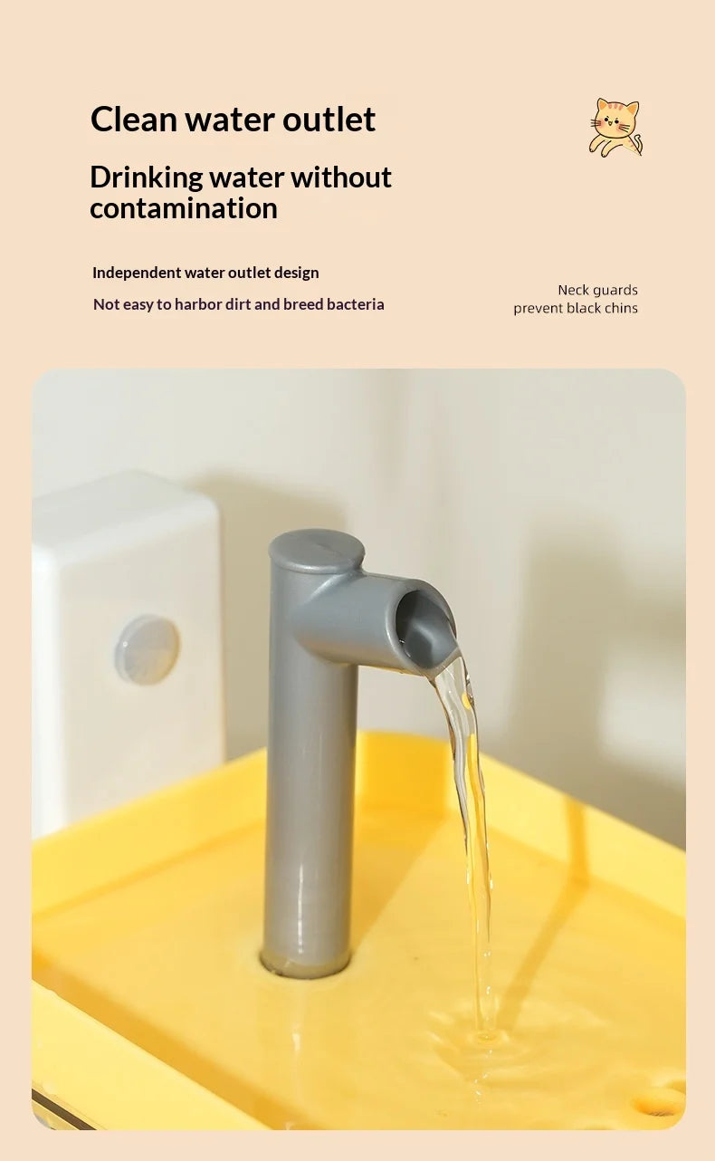 Grey automatic pet water fountain with a yellow basin, showing a clean, elevated water outlet.