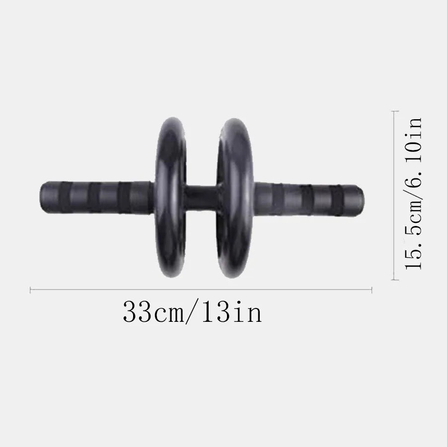 Black dual-wheel ab roller with textured grip handles, measuring 33cm wide by 15.5cm tall.