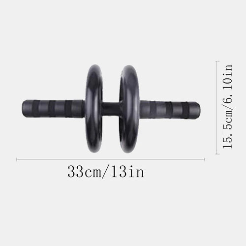 Black dual-wheel ab roller with textured grip handles, measuring 33cm wide by 15.5cm tall.