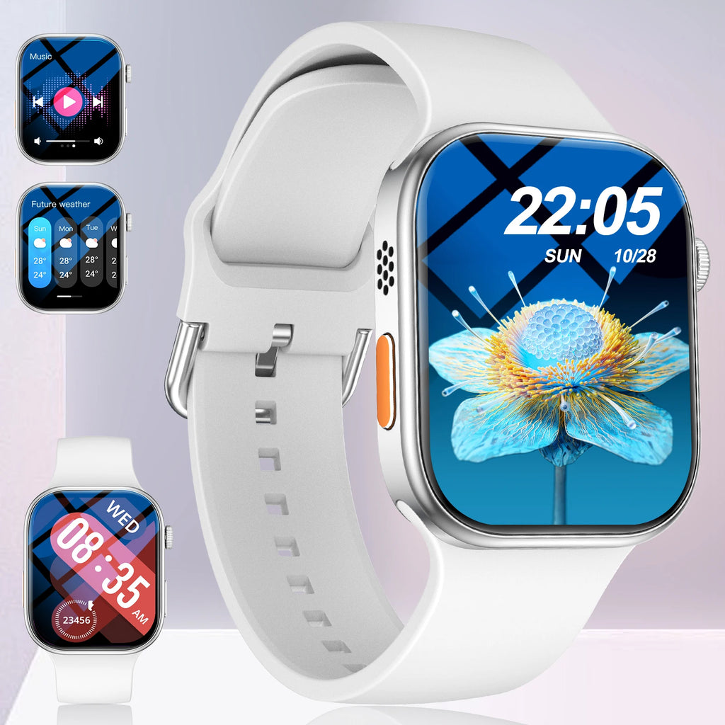 White multi-sport smartwatch with a sleek rectangular screen, silicone strap, and customisable digital watch faces.