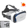 White and grey virtual reality smartphone headset with adjustable head straps and lens controls. Includes a mystery gift.