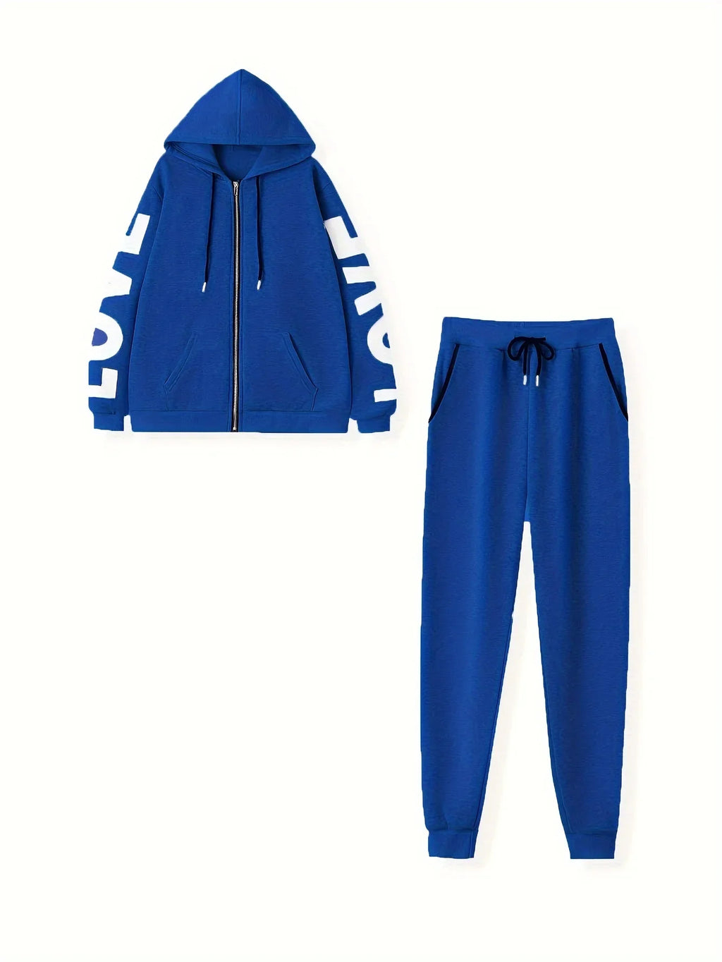 Royal blue tracksuit featuring a zip-up hoodie with white "LOVE" sleeve text and matching drawstring joggers.