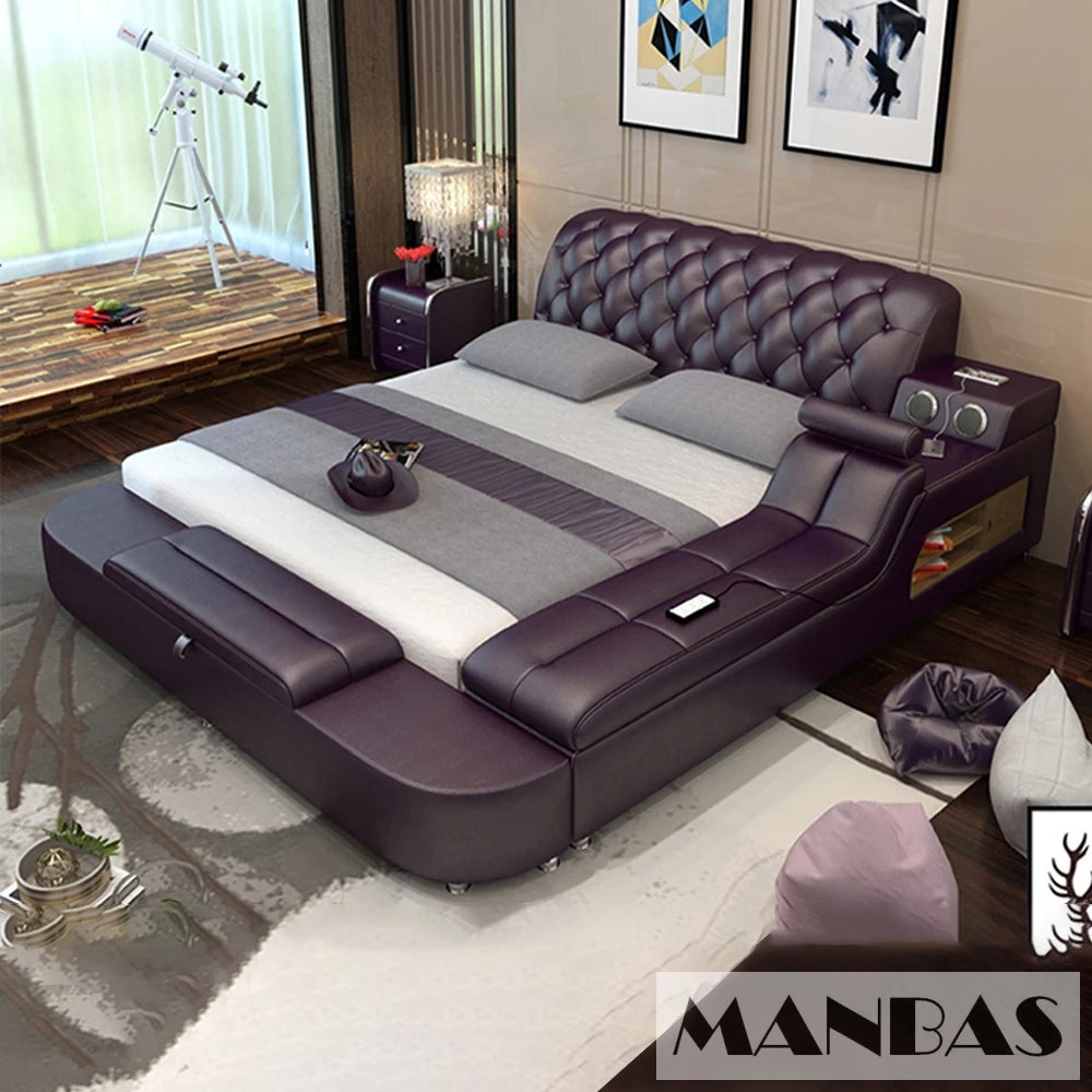 Luxury deep purple tufted leather platform bed featuring built-in speakers, storage, and ambient LED lighting.