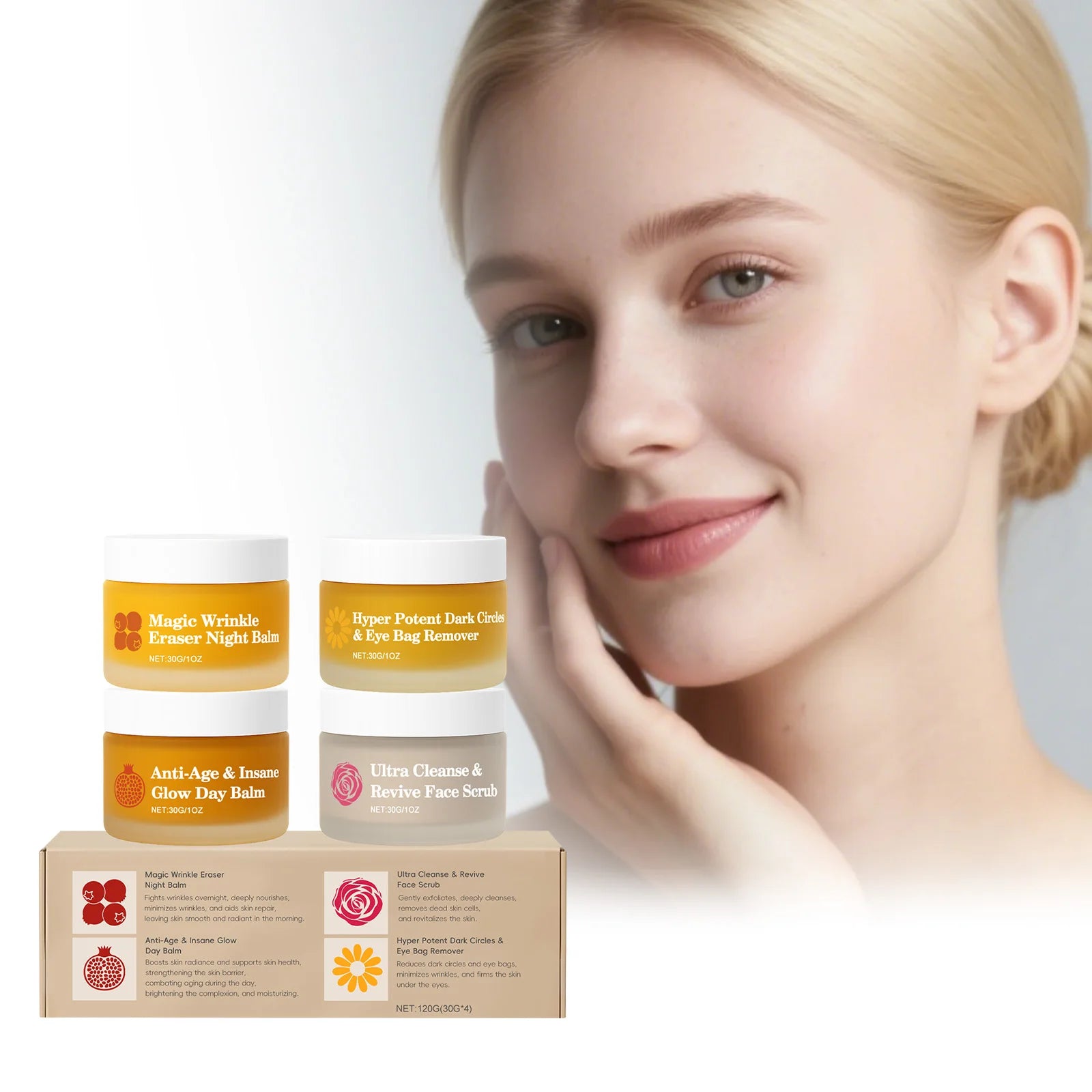 Four skincare jars in a beige gift box, featuring face balms and scrubs for anti-ageing, dark circles, and cleansing.