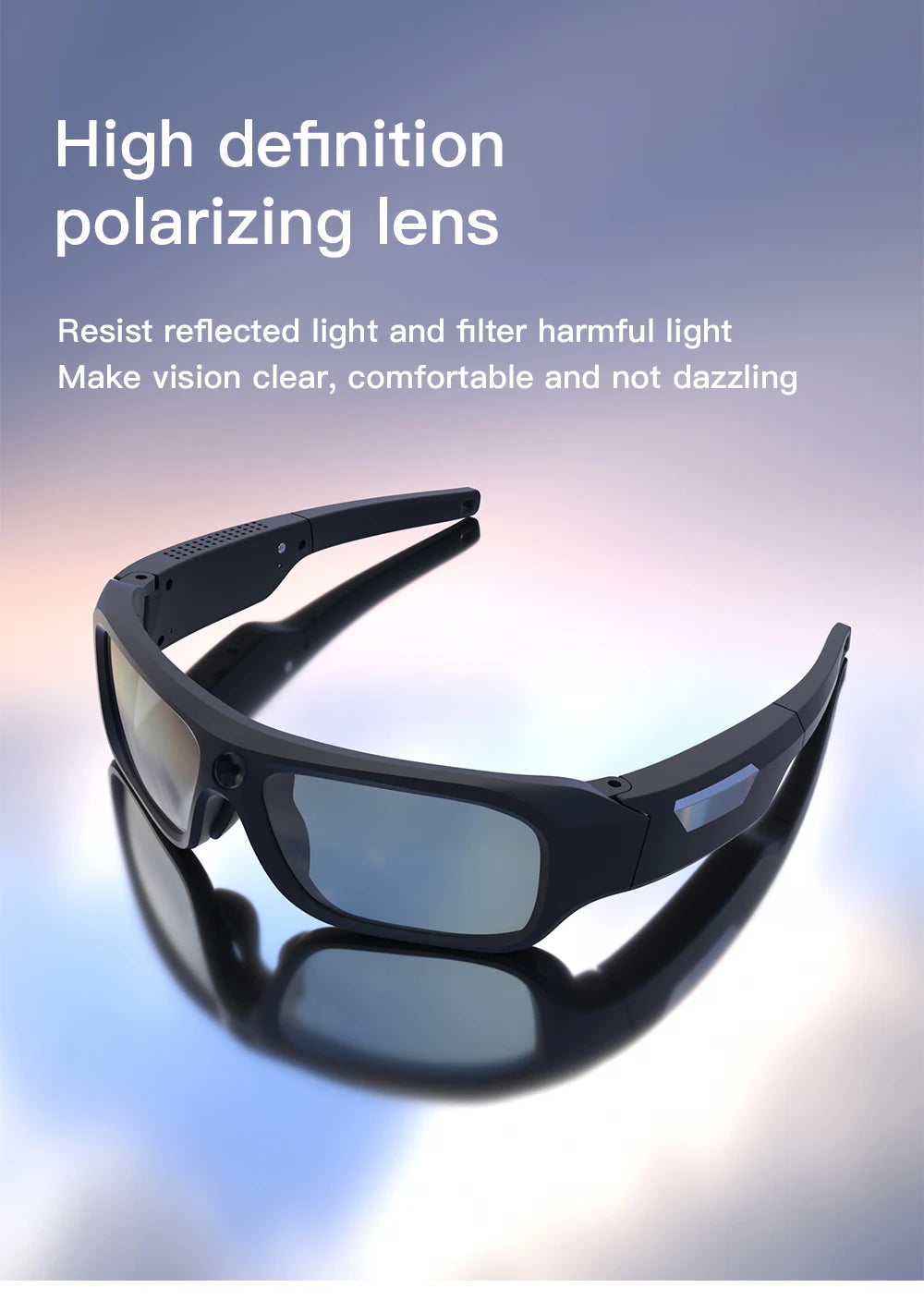 Black plastic smart glasses with an integrated camera and high-definition polarizing lenses.