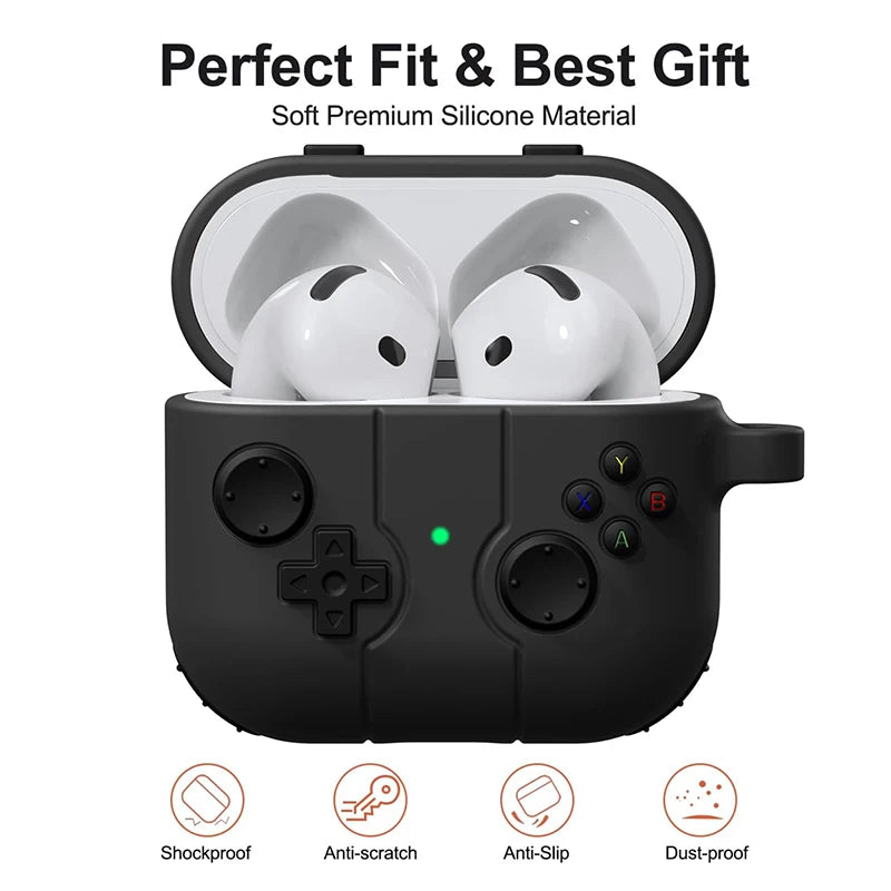 Black silicone AirPods Pro case featuring a retro gaming controller design with iconic coloured buttons.