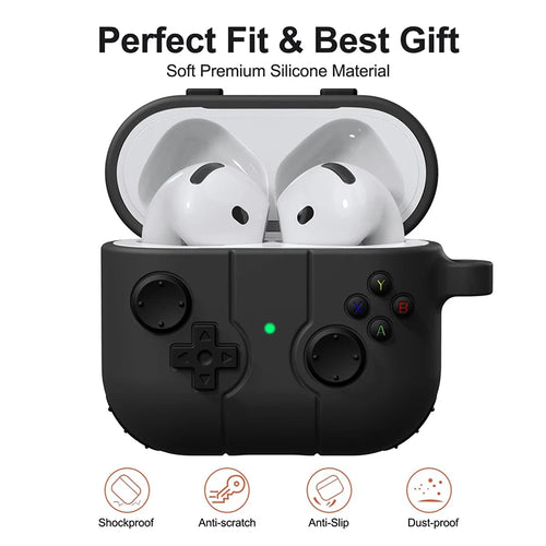 Black silicone AirPods Pro case featuring a retro gaming controller design with iconic coloured buttons.
