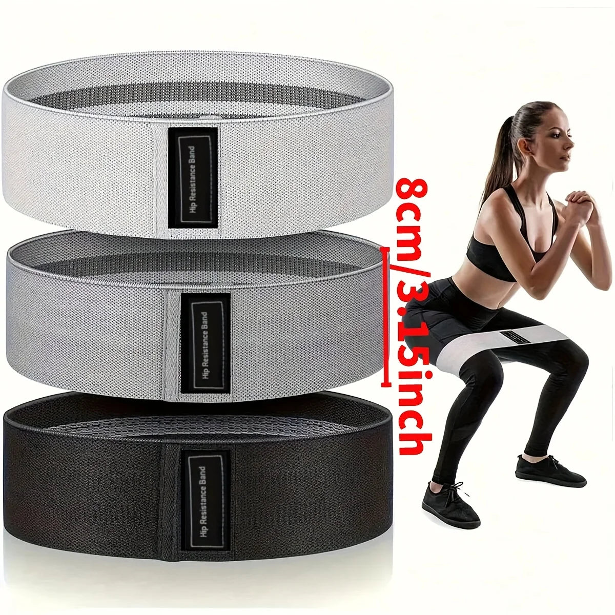 Three wide fabric hip resistance bands in white, grey, and black, shown with a person demonstrating a squat exercise.